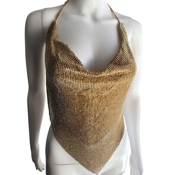 Vintage Y2K Metallic Rhinestone Chainmail Halter Top Gold Mesh One Size - Picture 6 of 6